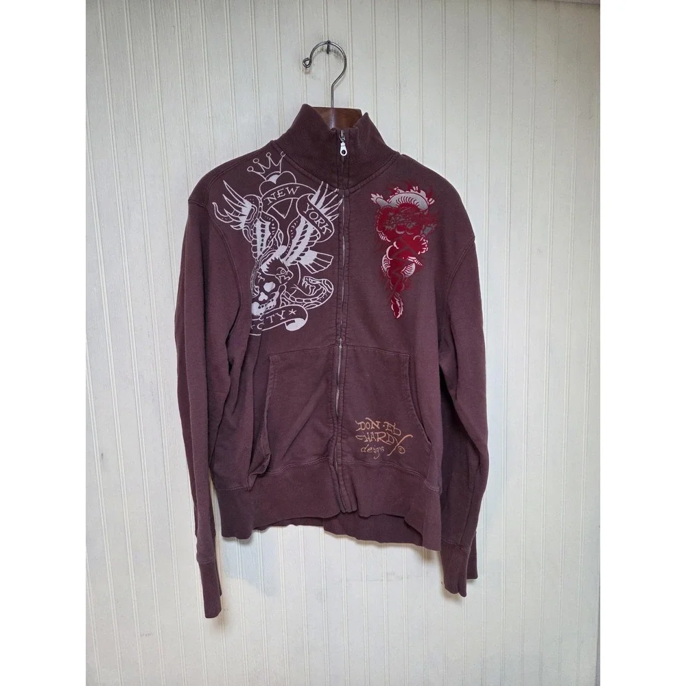 Ed Hardy Sweatshirt Mens XL Brown Full Zip Fleece New York City Tattoo Graphic - Picture 2 of 13